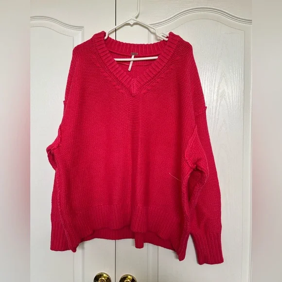 Free People Relaxed V-Neck Sweater in Hot Pink - Picture 6 of 6